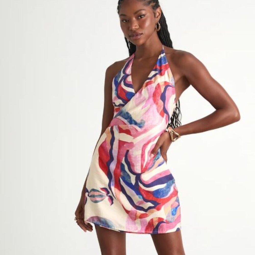 Lulus Zinara Cream Multi Abstract Surplice Halter Mini Dress White - Size L